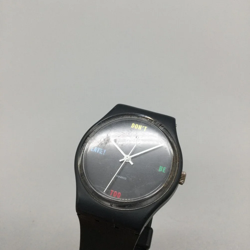 Vintage Swatch Mens Watch 33mm Black Dial Don't Be Too Late Not Running